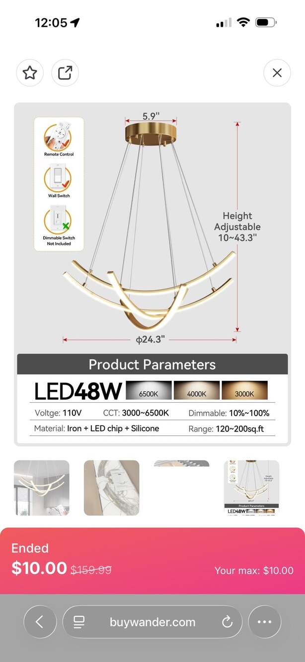 Modern Minimalist Gold Curved Arc LED Chandelier with Remote Control